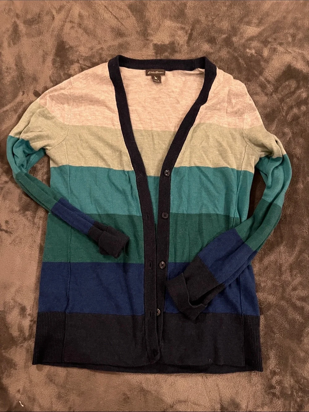 Eddie Bauer Striped V-Neck Button Cardigan - Teal, Navy, Gray, Cream